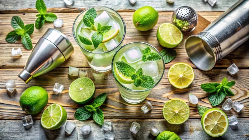 Fresh lime mojito cocktails with crushed ice, mint leaves, and silver shakers on a wooden table