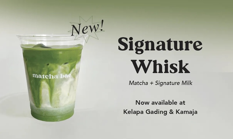 Iced matcha whisk drink in plastic cup with mint-green matcha, “Signature Whisk” text and promo details
