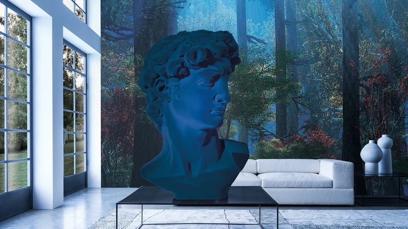 Blue-lit marble bust statue in modern living room with window, sofa, and forest mural background