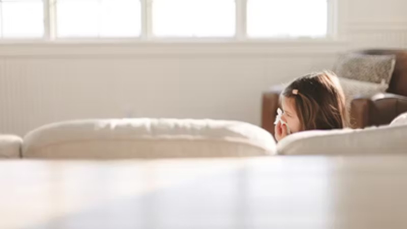 Toddler lying on a couch, looking toward a bright window in a living room with soft natural light