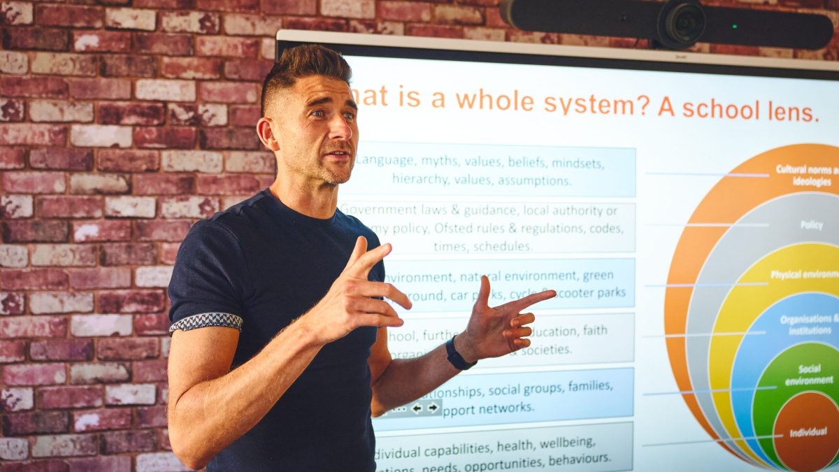 Teacher presenting a school system diagram on a screen with brick wall backdrop during classroom lecture