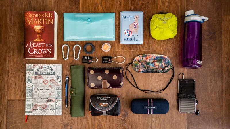 Flat lay of everyday carry items on wood: books, wallet, glasses case, pouches, and water bottle