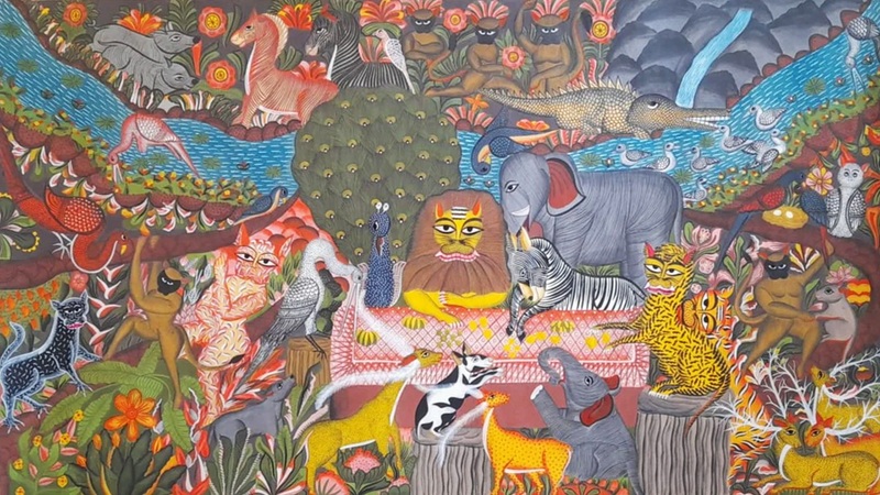 Colorful illustrated zoo scene with elephants, lions, tigers, zebras, birds, and butterflies surrounded by plants and flowers