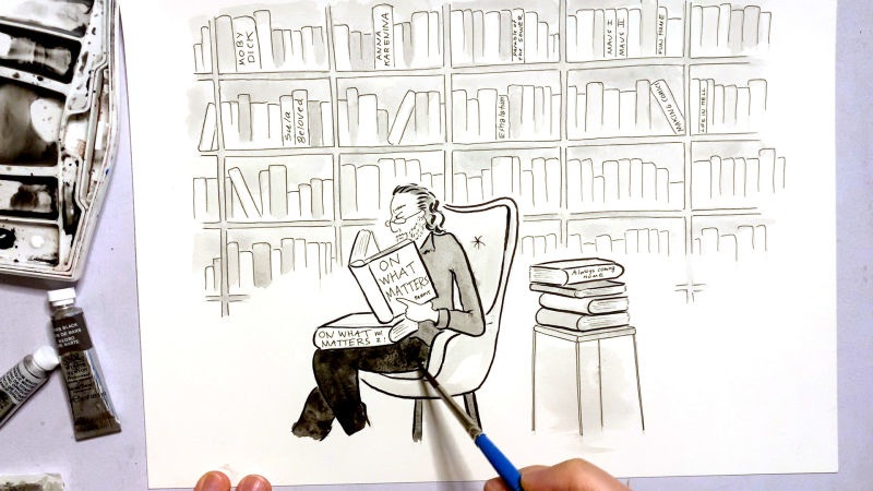 Cartoon sketch of a student reading “On What Matters” in a classroom, surrounded by bookshelves and pens, being drawn
