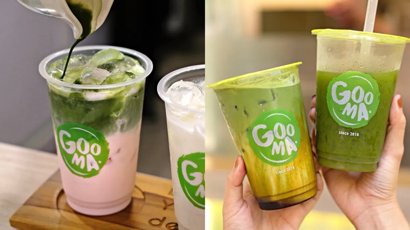 Hands holding two GoMA lime and matcha drinks in clear cups with green branding labels
