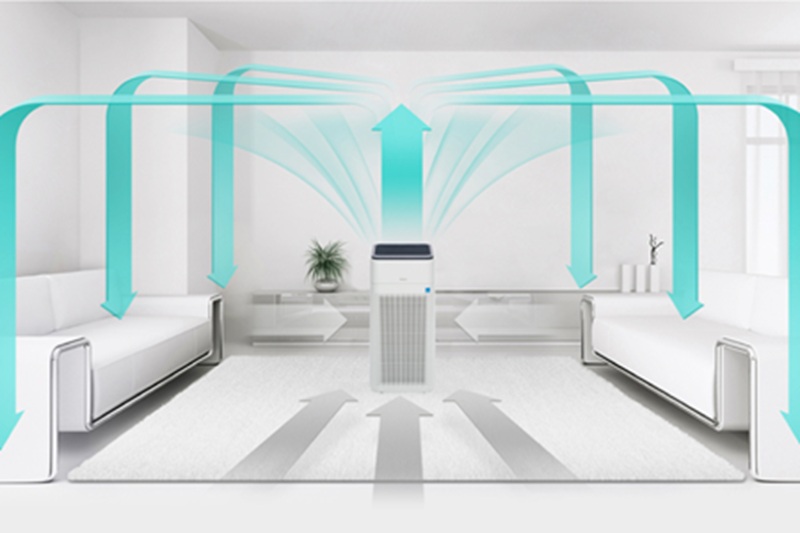 Air purifier with airflow arrows in a modern living room, showing filtered air circulation direction