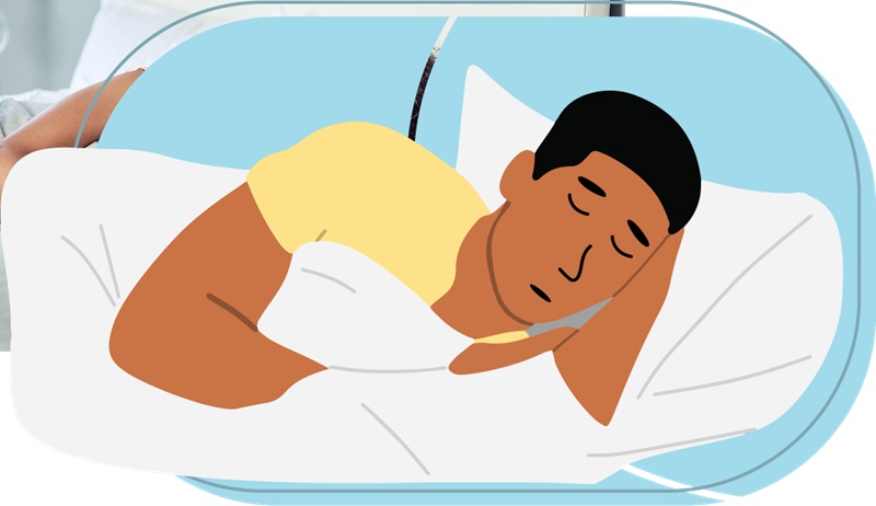 Illustration of a man sleeping in bed with a light blue headboard and closed eyes