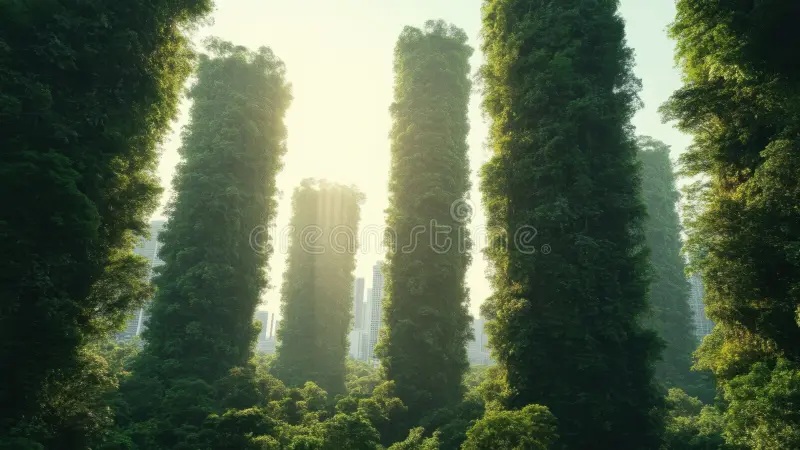 sunlit rainforest canopy with tall green trees and misty high-rise skyline glimpses through foliage