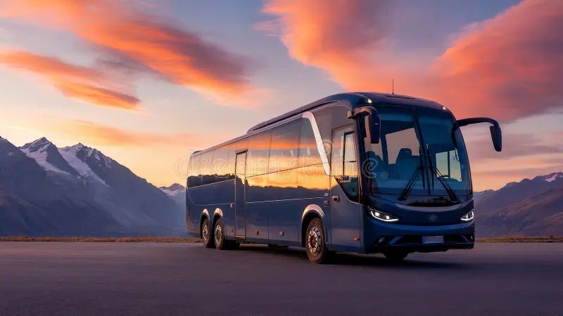 Luxury coach bus parked on open road at sunset with mountains in the background