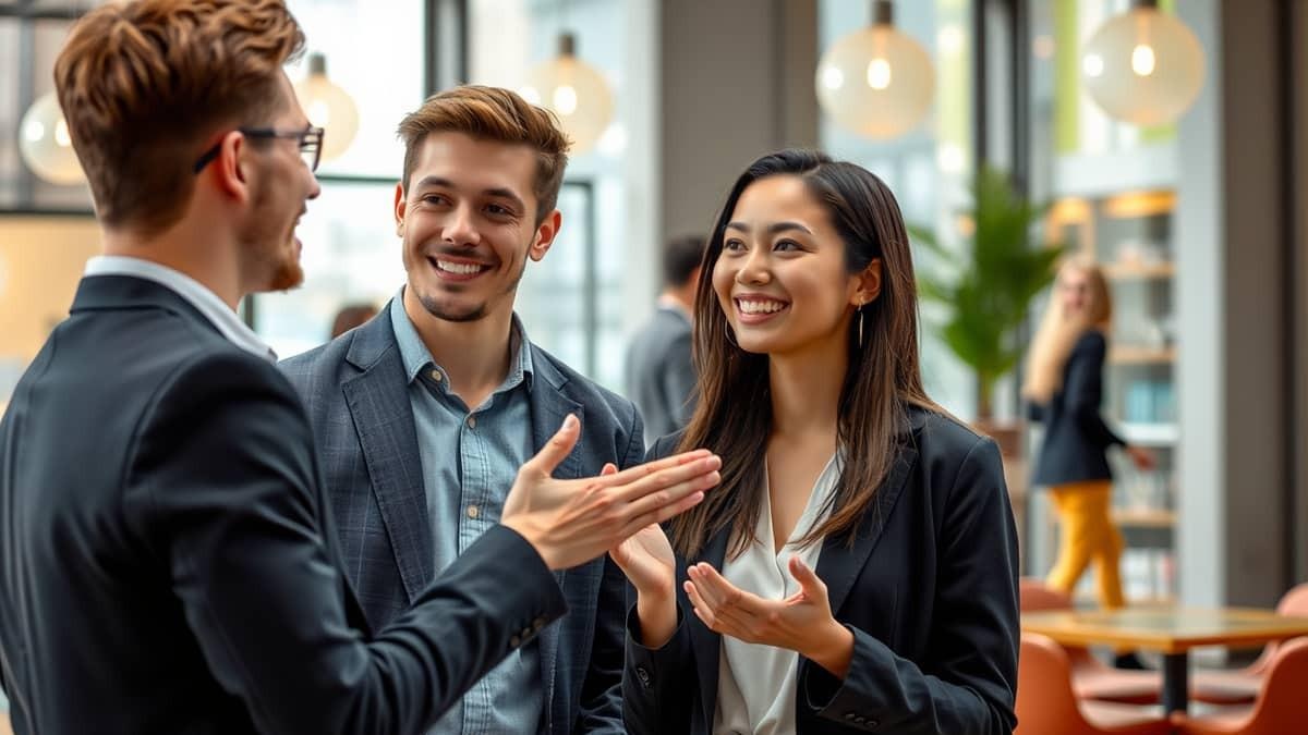 Smiling business team in modern office, hands gesturing during a casual discussion with warm hanging lights