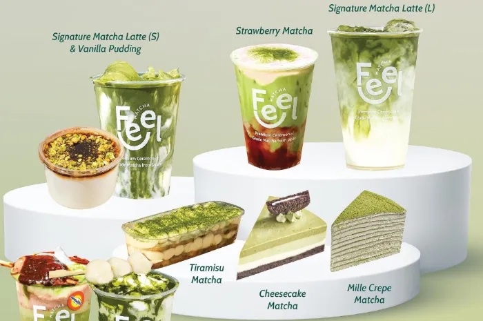 Assorted Feel matcha desserts and drinks on display: matcha latte, strawberry matcha, tiramisu, cheesecake, mille crepe
