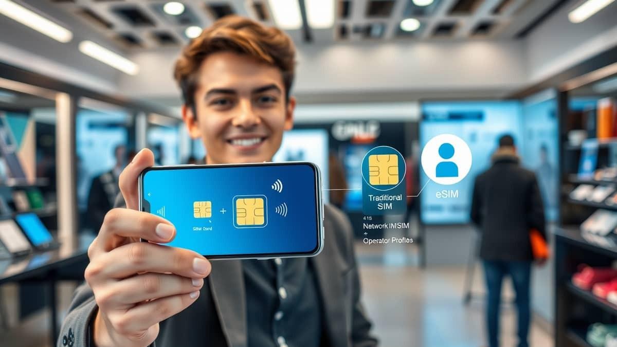 Smiling man holding a smartphone with eSIM and SIM icons in a tech store background