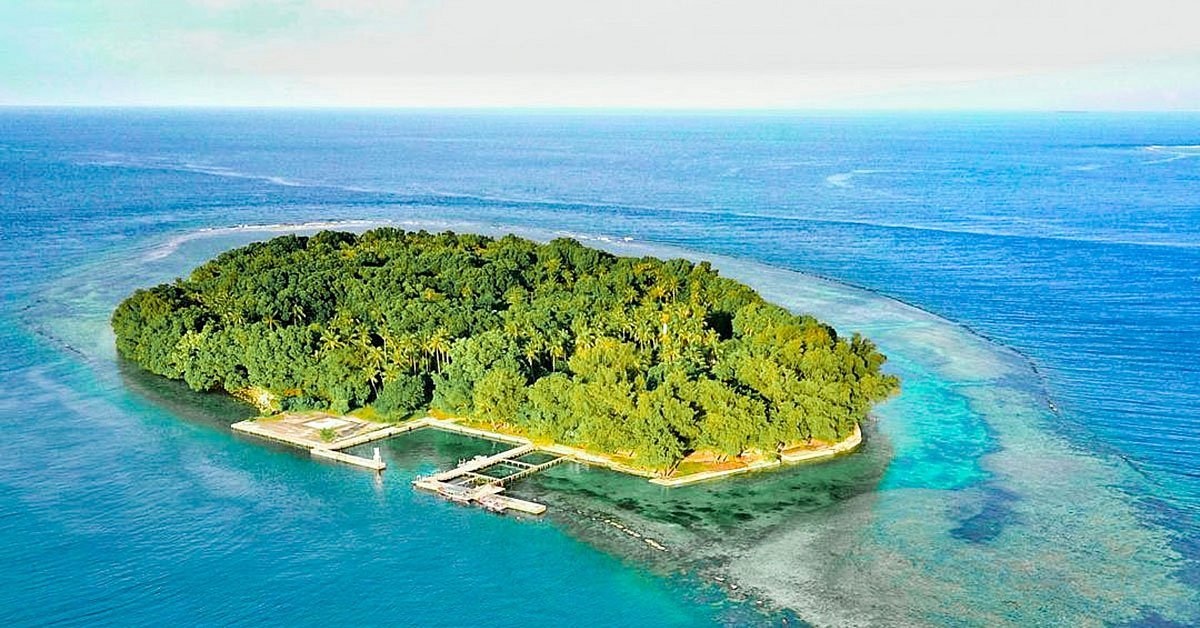 Aerial view of a tropical island with dense green trees and a small dock surrounded by turquoise ocean