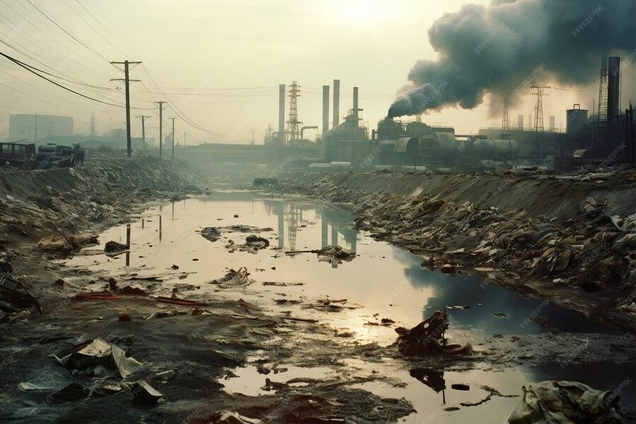 Industrial factory smokestacks releasing dark pollution over a debris-filled river with contaminated water reflection