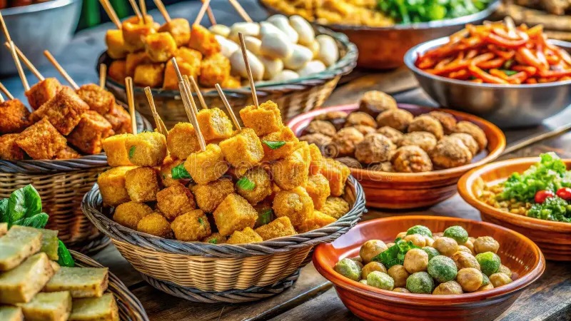 Basket of golden fried snacks and appetizers on a table with skewers, bowls of chili and vegetables