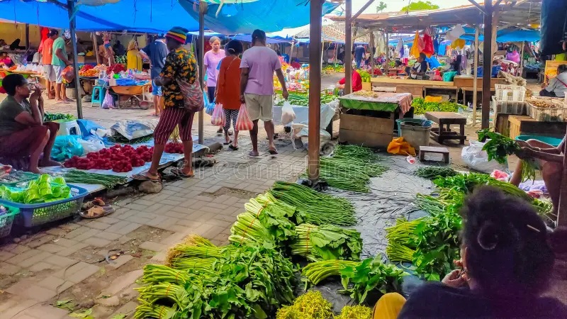 Colorful outdoor market stall with fresh vegetables, shoppers under blue canopies, and wooden crates at a vendor.