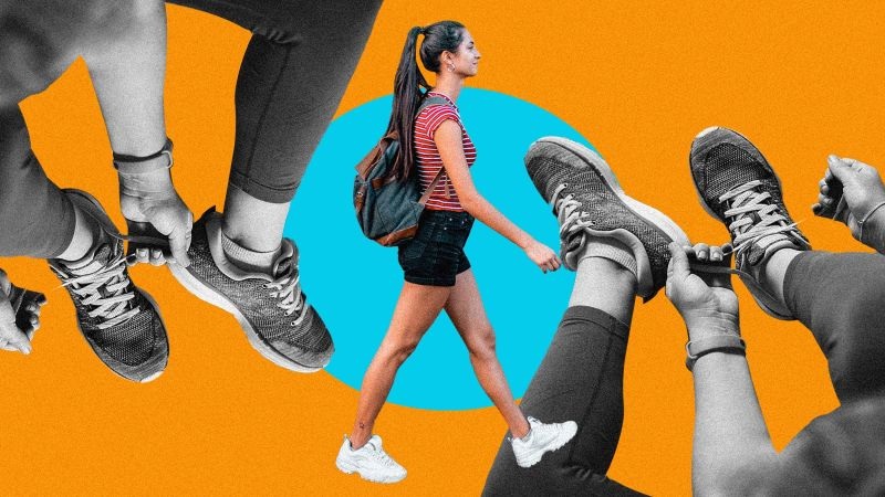 Woman walking with backpack wearing sneakers, collage showing multiple legs and shoes on orange and blue background