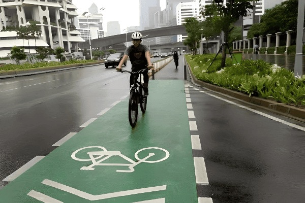 Cyclist riding a bicycle lane with bike symbol markings between modern office buildings