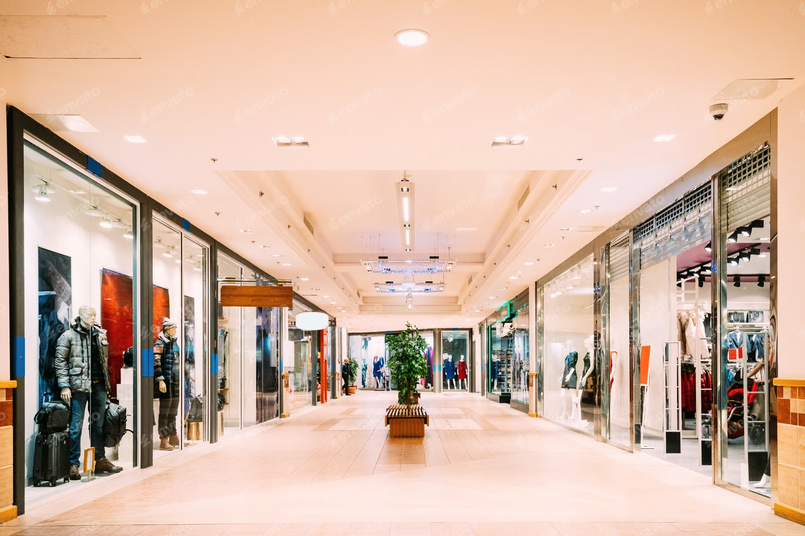 brightly lit indoor shopping mall hallway with clothing store window displays