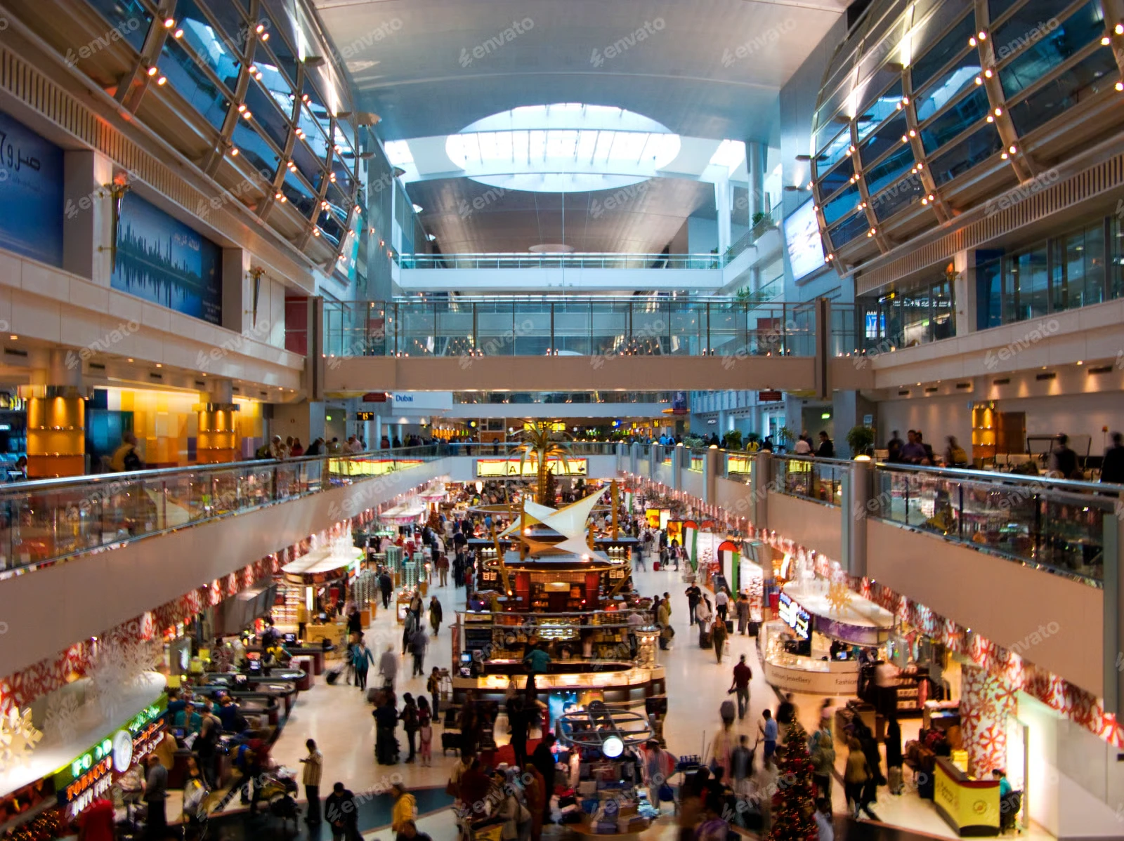 bustling multi-level duty-free shopping area inside an international airport terminal