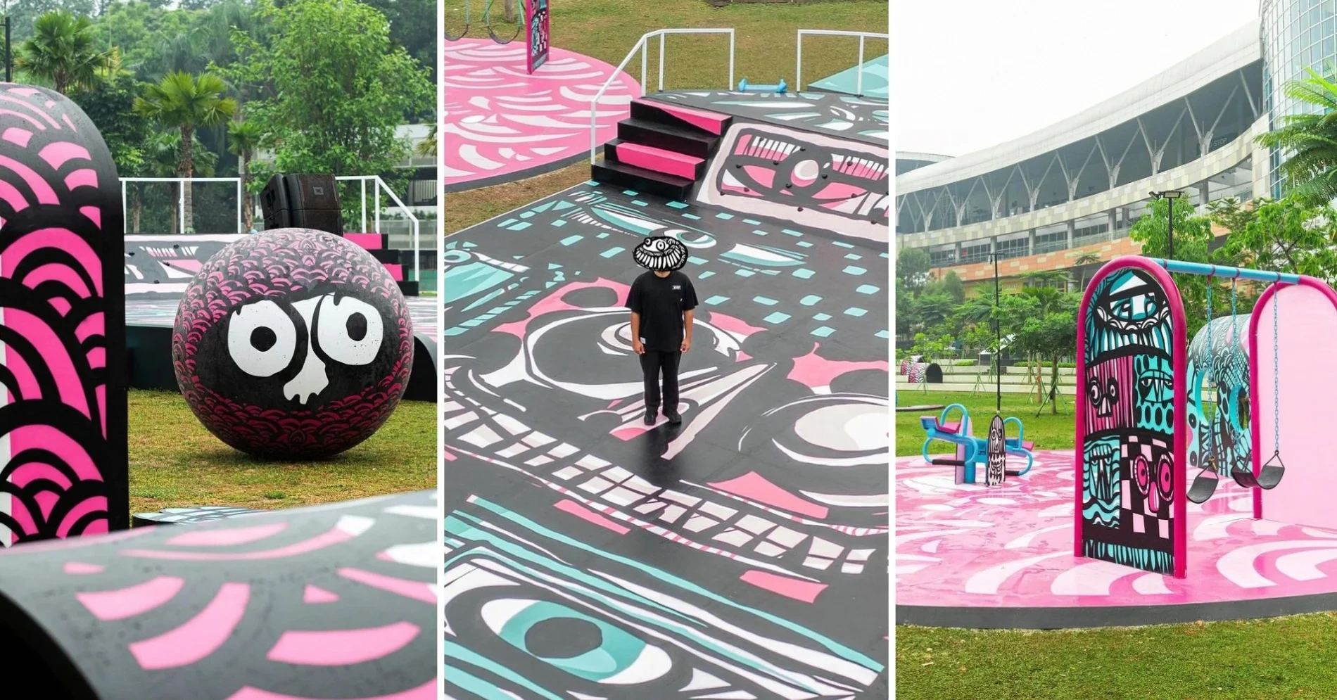 colorful outdoor park featuring patterned artwork and playground elements