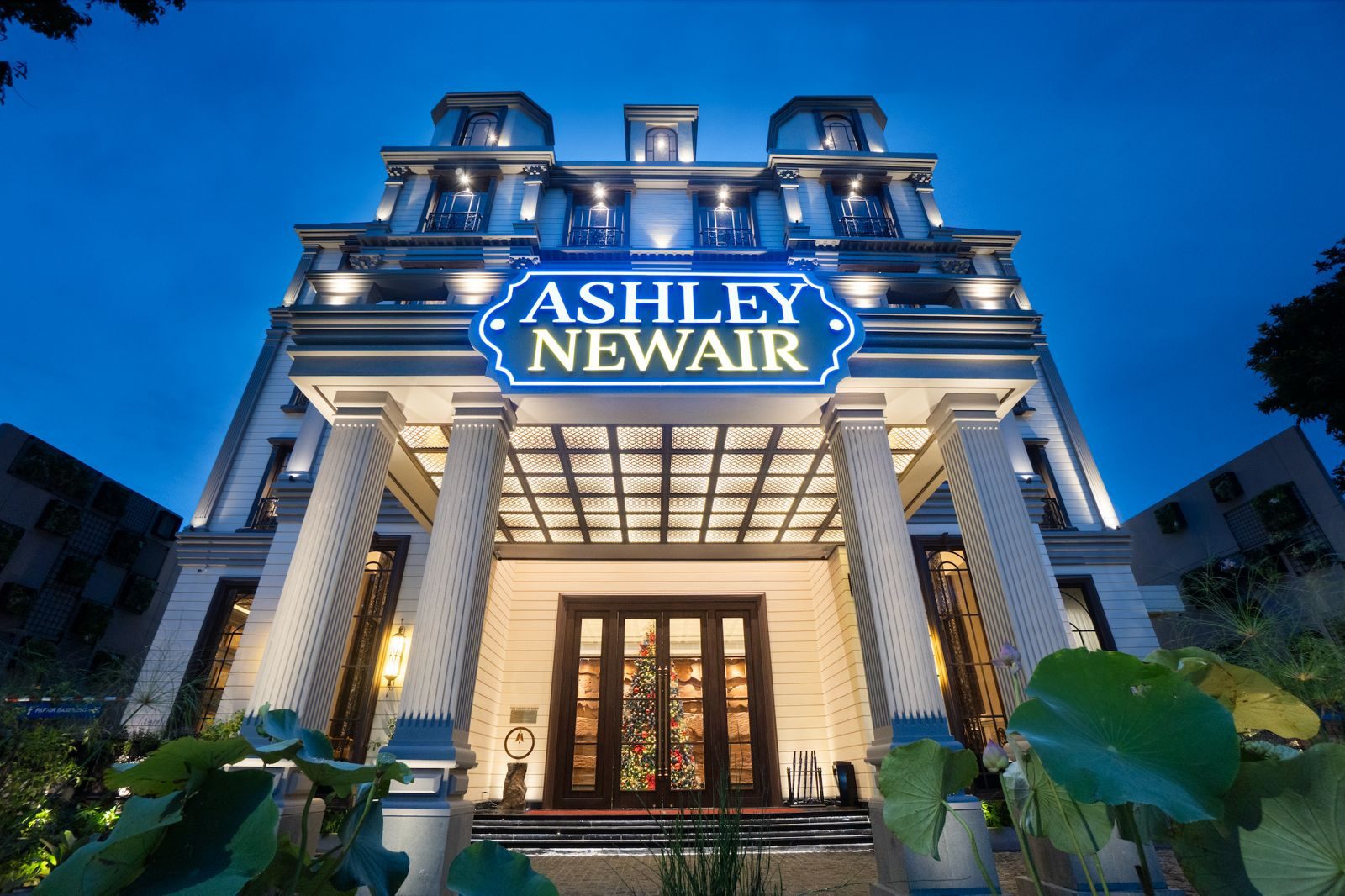 exterior view of illuminated ashley newair hotel building at night