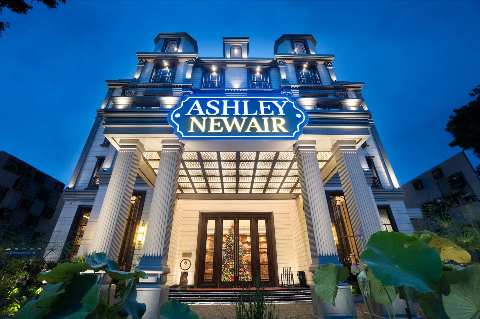 exterior view of illuminated ashley newair hotel building at night