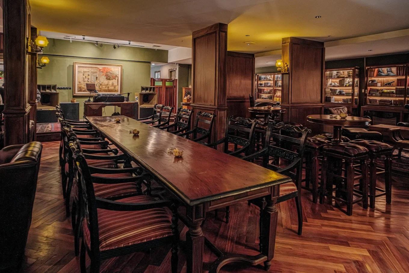 luxurious lounge interior with long wooden dining table