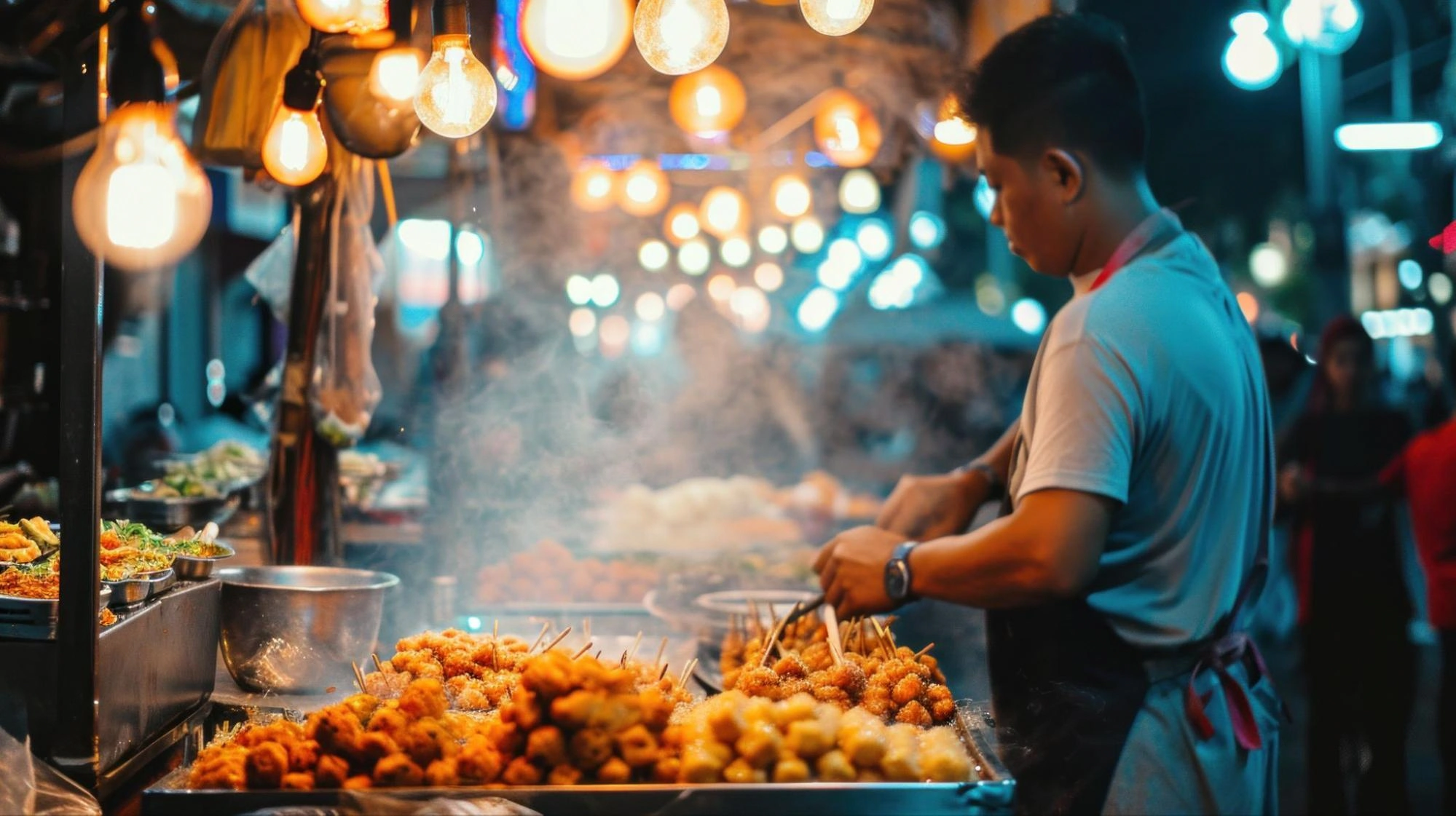street food vendor preparing fried skewers under hanging warm lights